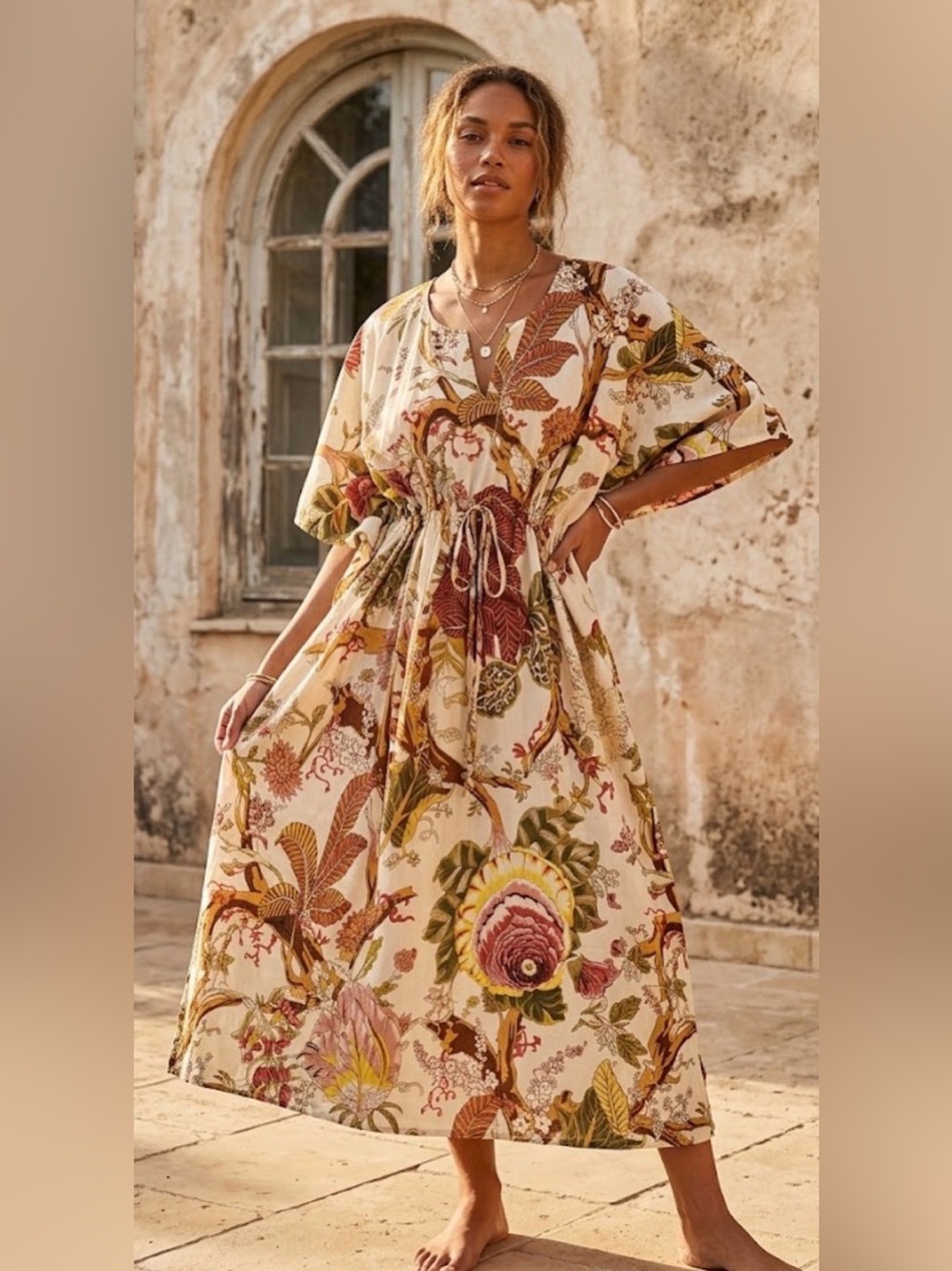 Block Print Floral Cotton Kaftan Maxi Dress Drawstring Swim Coverup One Size OS